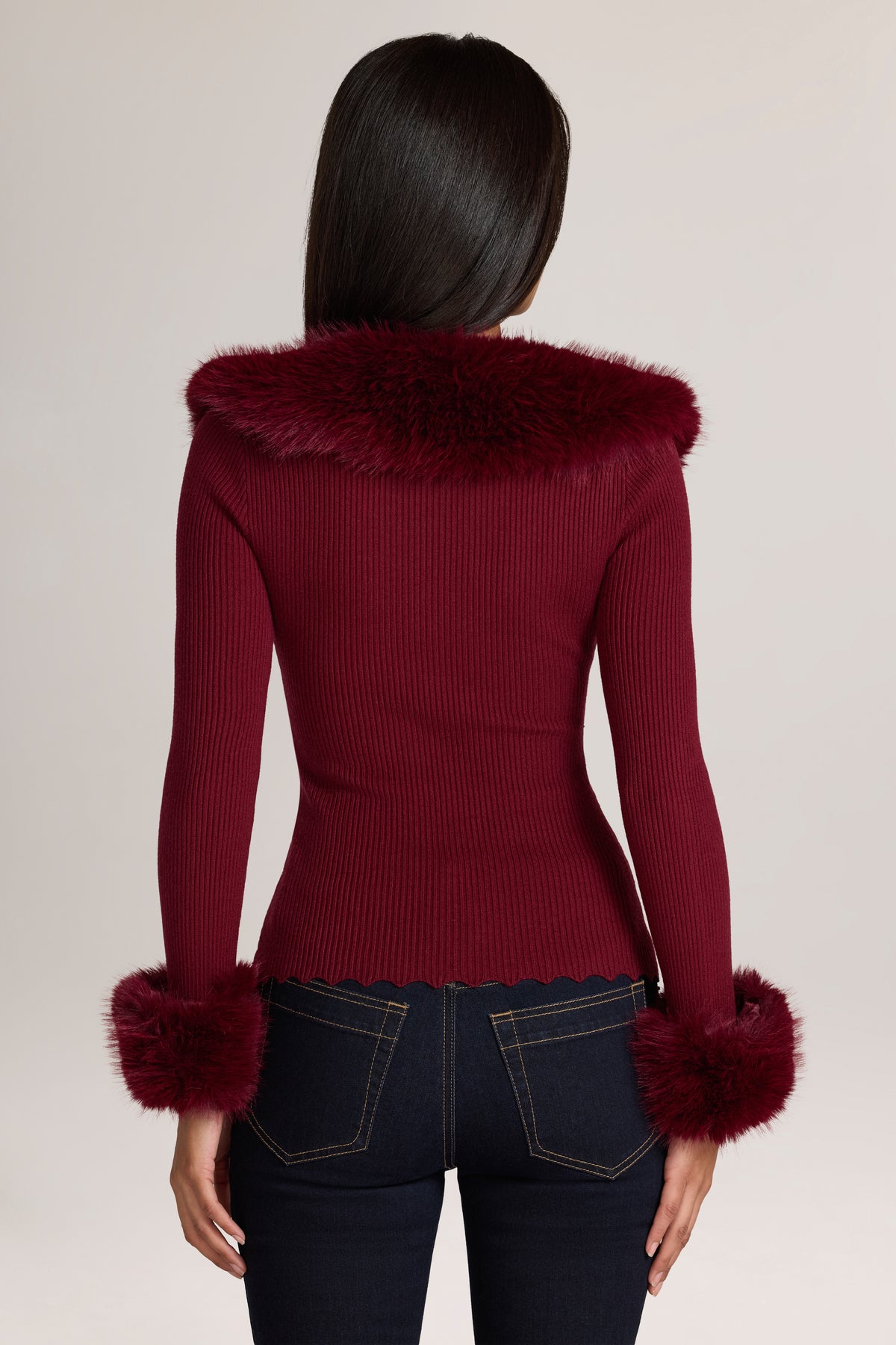 Knit Faux-Fur-Trim Cardigan in Wine