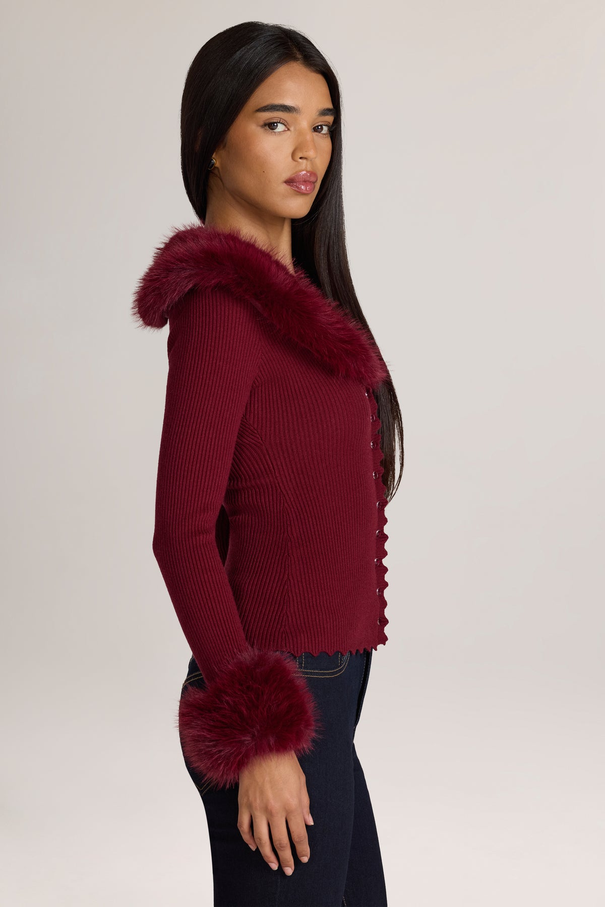 Knit Faux-Fur-Trim Cardigan in Wine