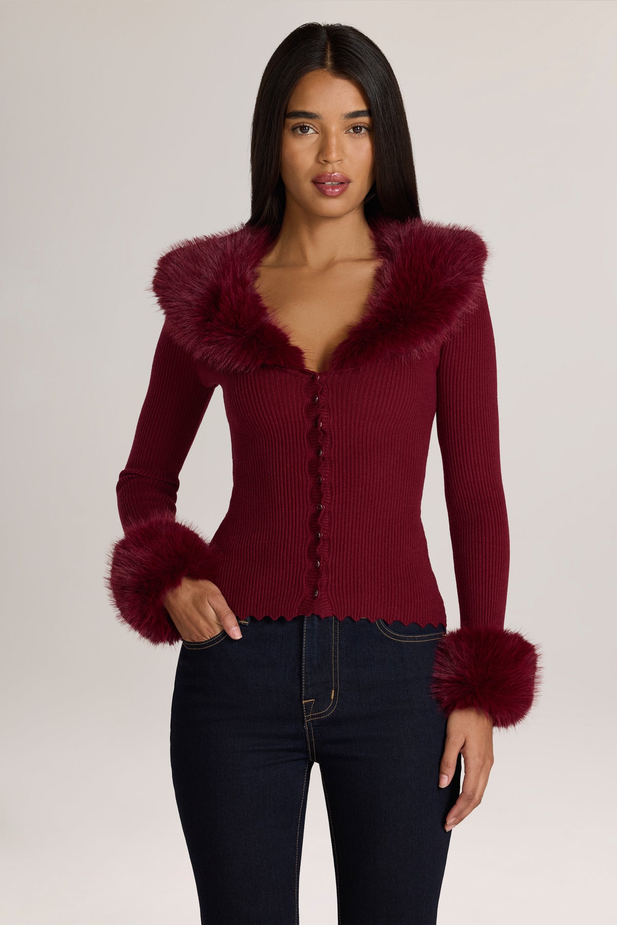 Knit Faux-Fur-Trim Cardigan in Wine