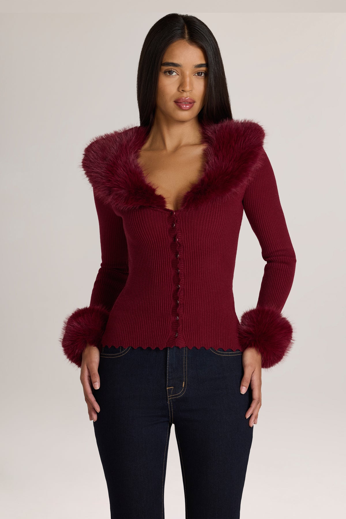 Knit Faux-Fur-Trim Cardigan in Wine - 1