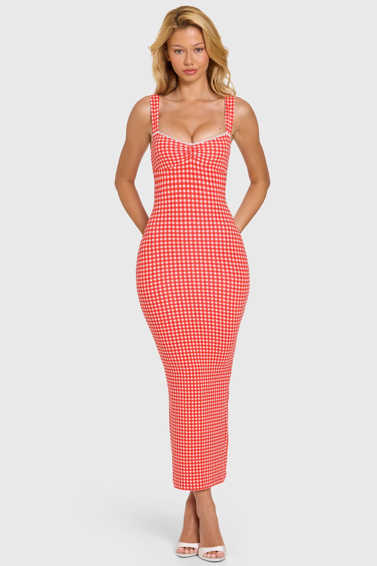 Modal Lace-Trim Midaxi Dress in Red Gingham - 6