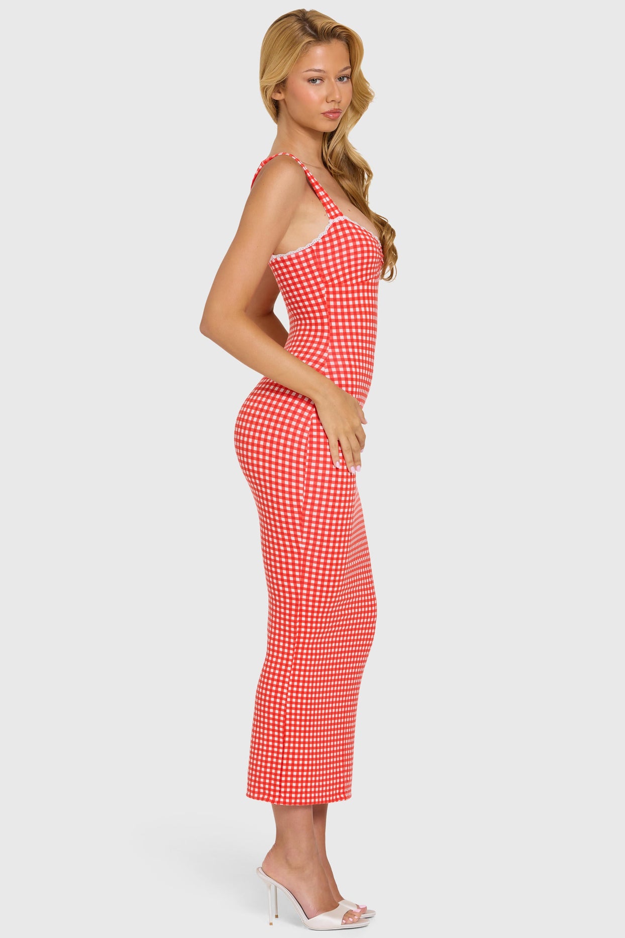 Modal Lace-Trim Midaxi Dress in Red Gingham - 4