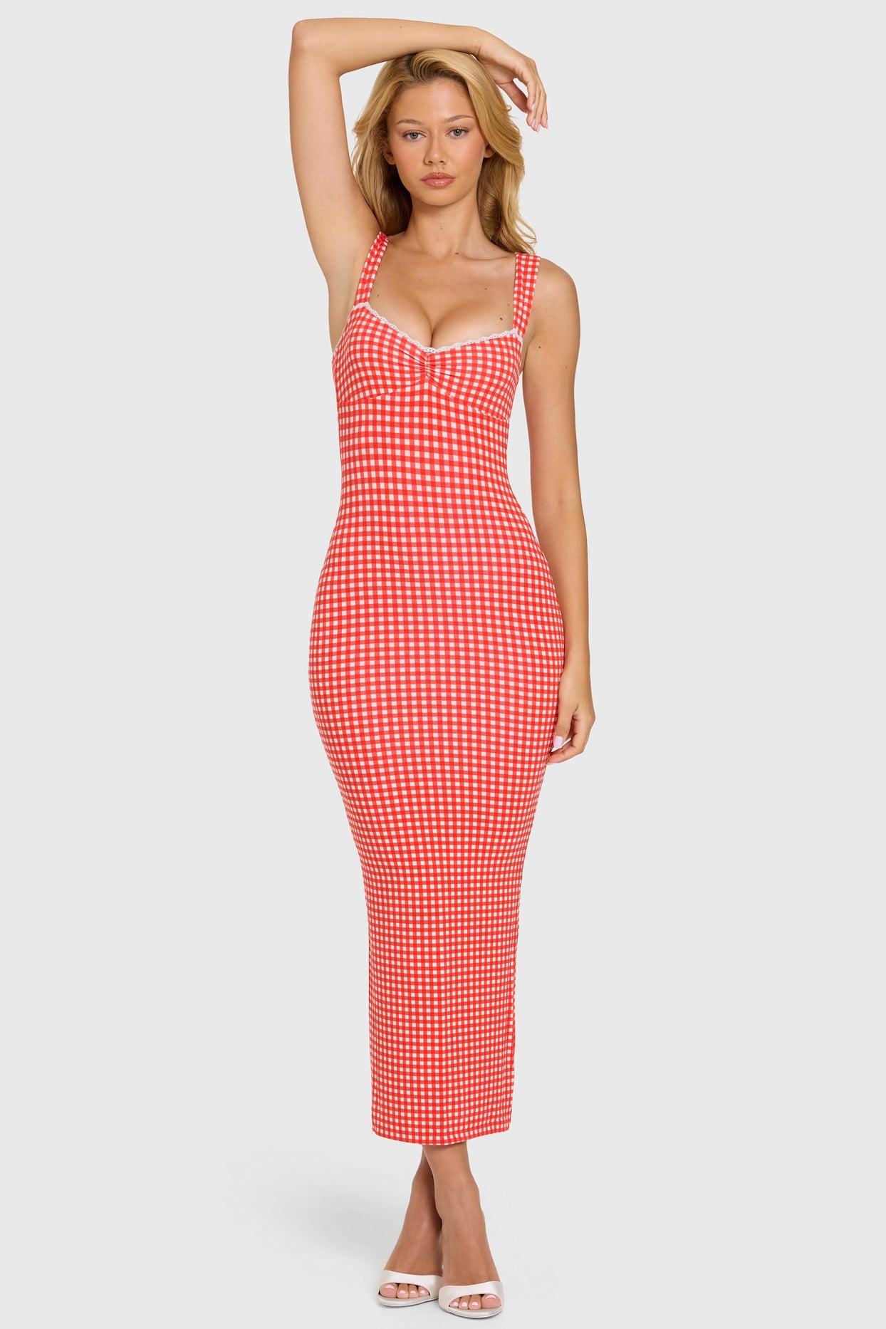 Modal Lace-Trim Midaxi Dress in Red Gingham - 7
