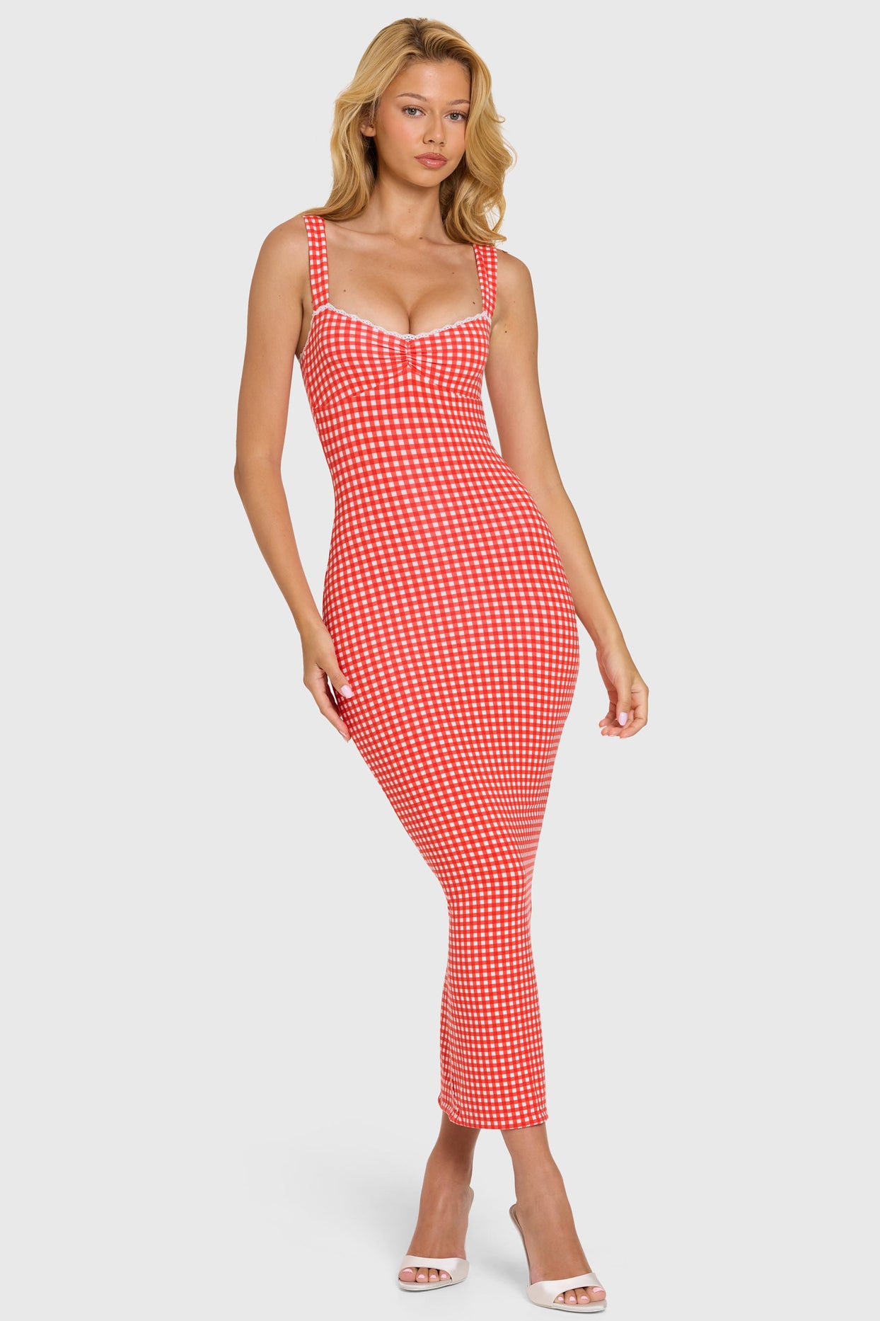 Modal Lace-Trim Midaxi Dress in Red Gingham - 9