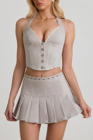 Oh Polly's Josey Anne wearing the Lotta Corset Top in Ecru Denim fabric perfect for city strolls