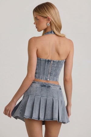 Oh Polly's Josey Anne wearing the Lotta Corset Top in Light Blue Denim fabric perfect for brunch with friends