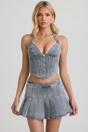 Oh Polly's Josey Anne wearing the Lotta Corset Top in Light Blue Denim fabric perfect for rooftop parties
