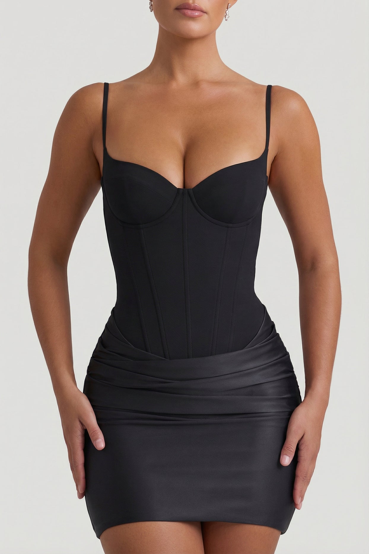 Draped Corset Mini Dress in Black - 3