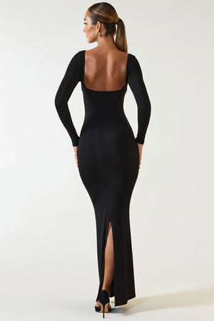 Oh Polly's Priscilla wearing the Luana Maxi Dress in Black Modal fabric perfect for evening cocktail parties