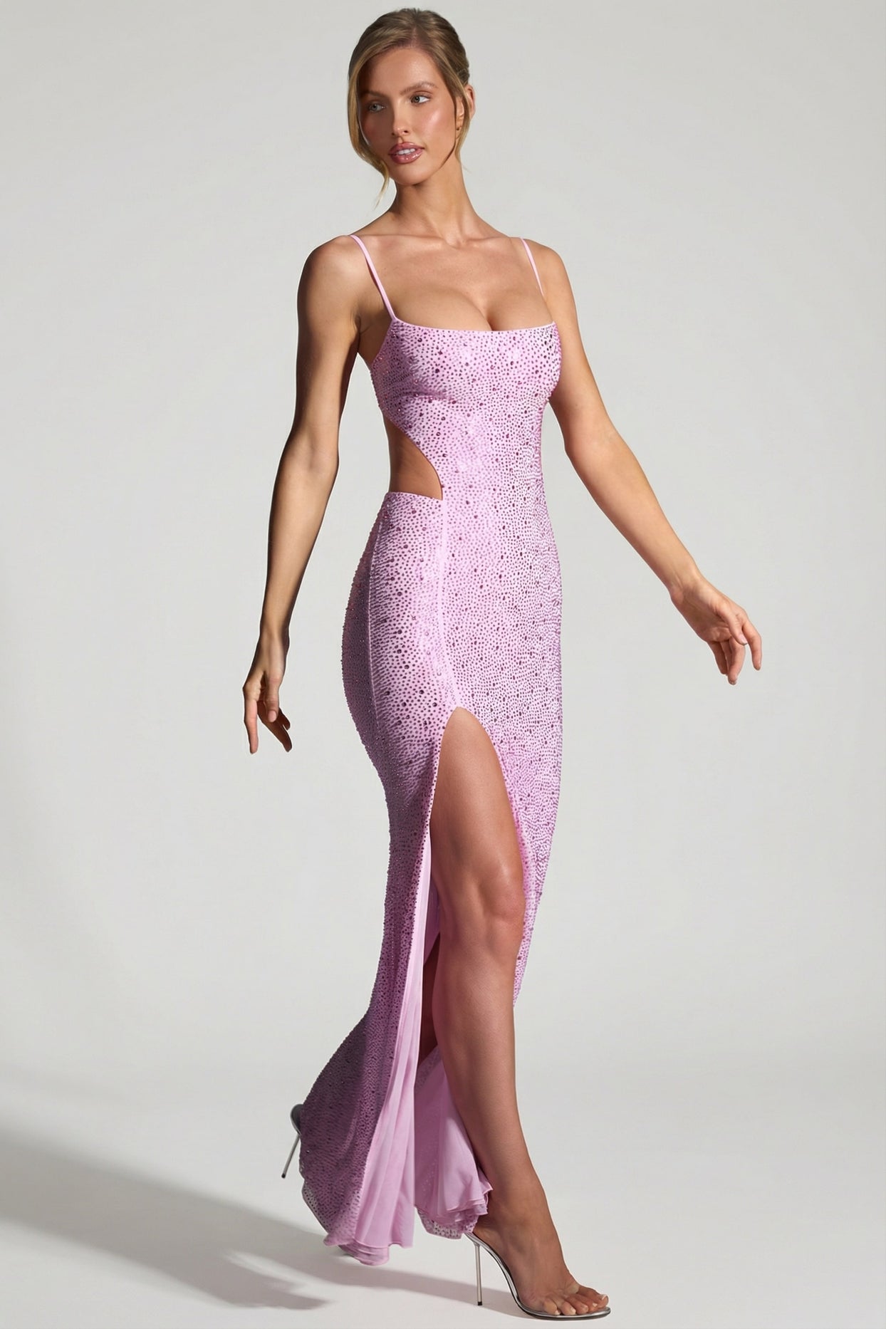 Embellished Cut-Out Fishtail Maxi Dress in Peony Pink - 3