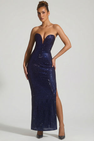 Embellished Plunge Gown in Navy