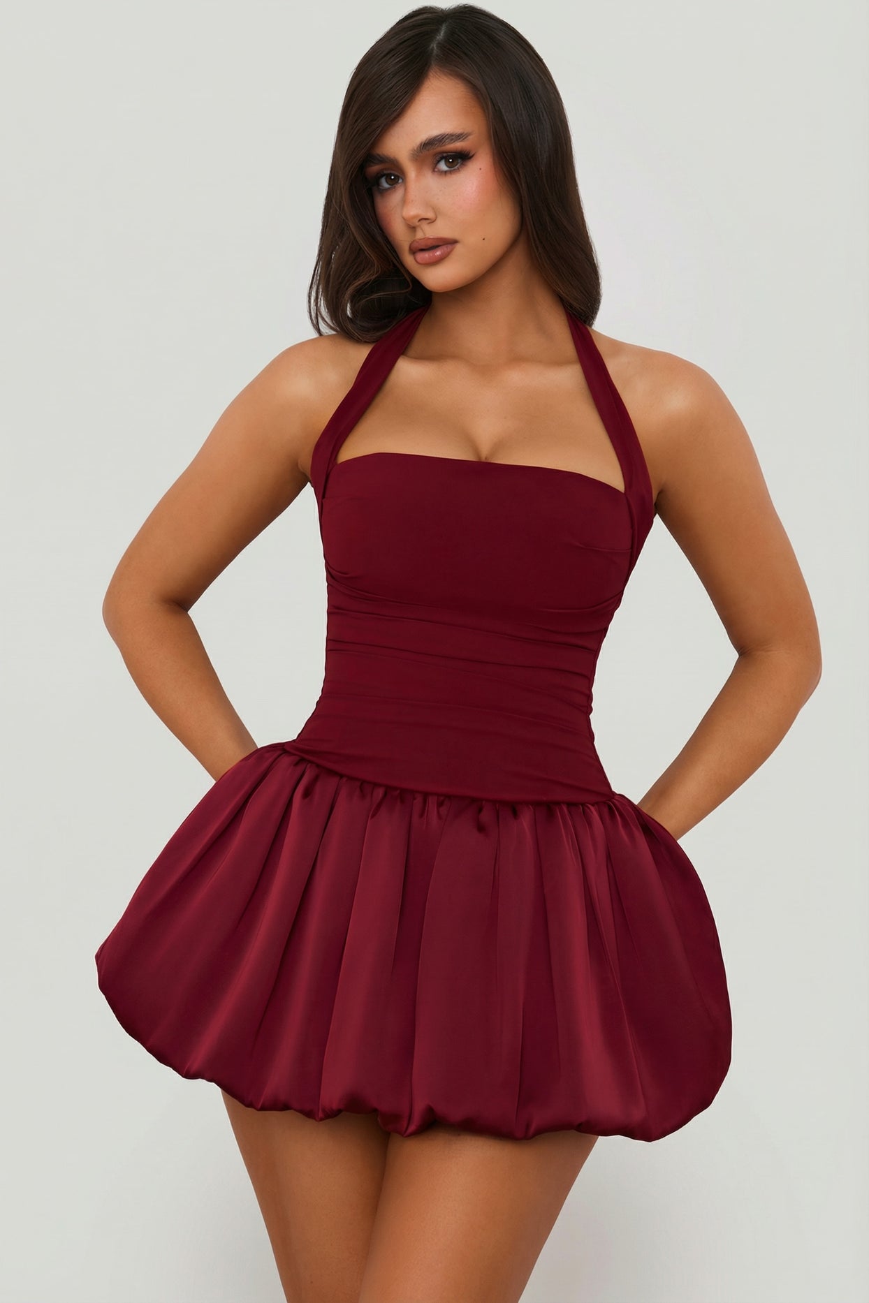 Halterneck Lace-Up Bubble Hem Corset Micro Mini Dress in Berry Red - 5