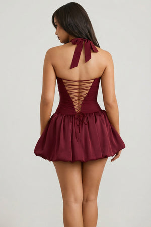 Halterneck Lace-Up Bubble Hem Corset Micro Mini Dress in Berry Red