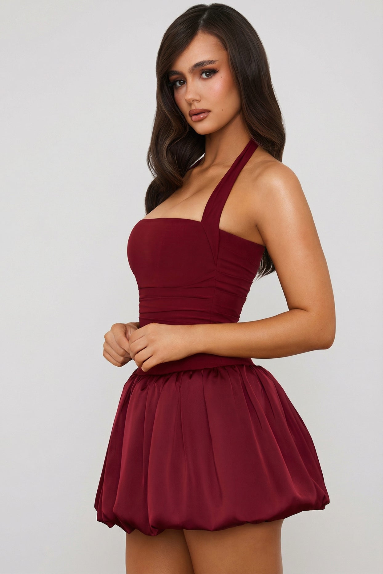Halterneck Lace-Up Bubble Hem Corset Micro Mini Dress in Berry Red - 4