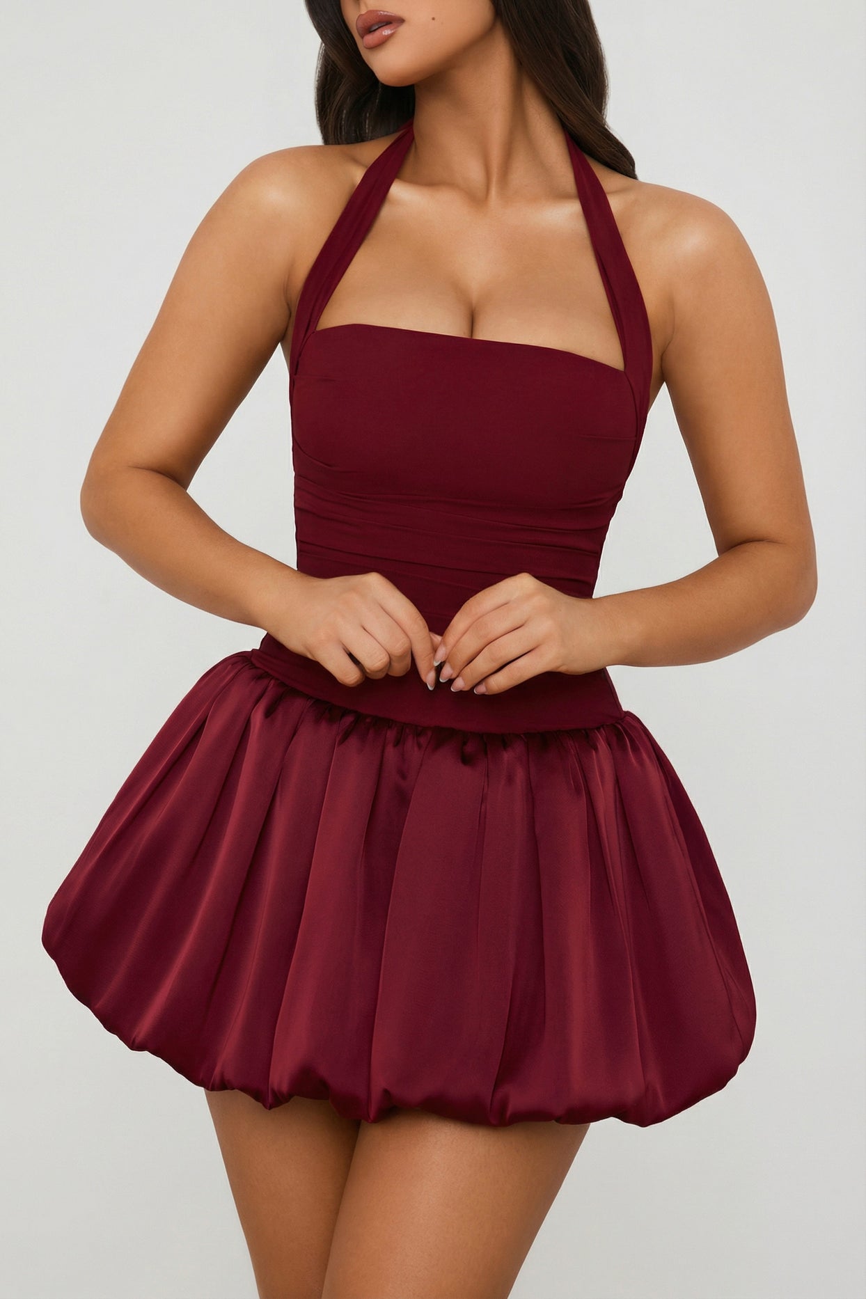 Halterneck Lace-Up Bubble Hem Corset Micro Mini Dress in Berry Red - 3