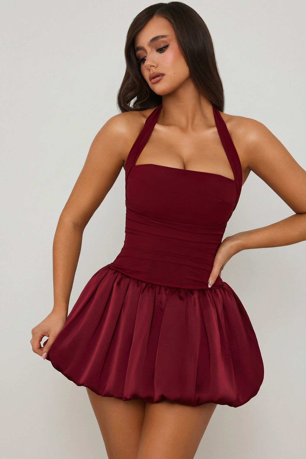 Halterneck Lace-Up Bubble Hem Corset Micro Mini Dress in Berry Red - 6