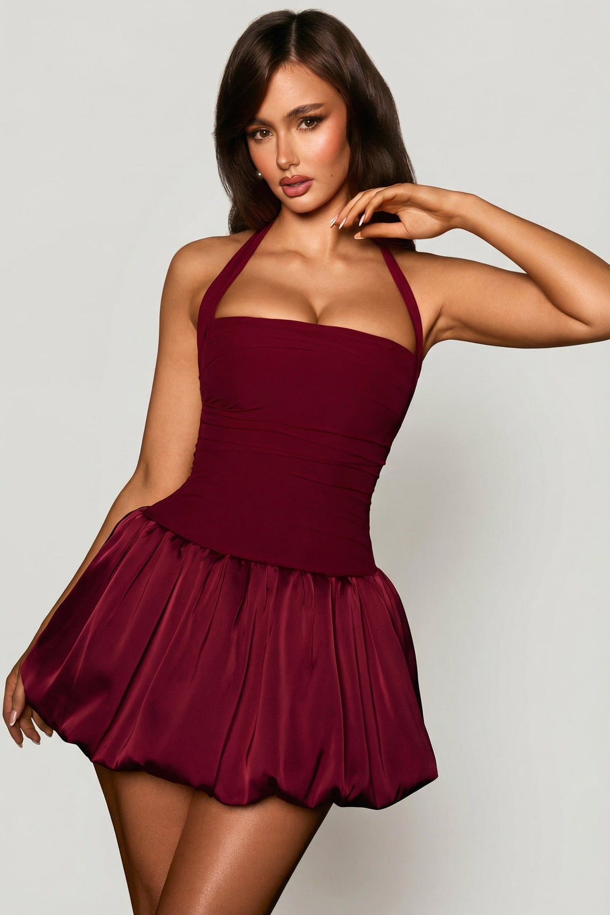 Halterneck Lace-Up Bubble Hem Corset Micro Mini Dress in Berry Red - 7