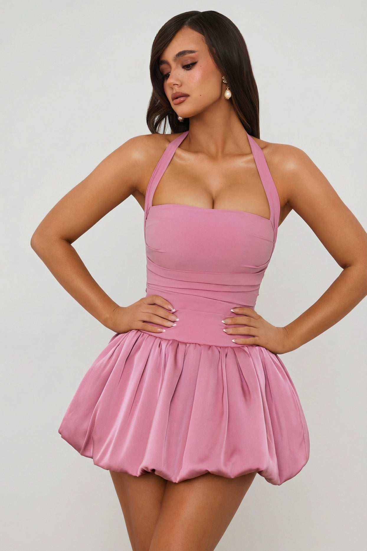 Halterneck Lace-Up Bubble Hem Corset Micro Mini Dress in Mauve - 7