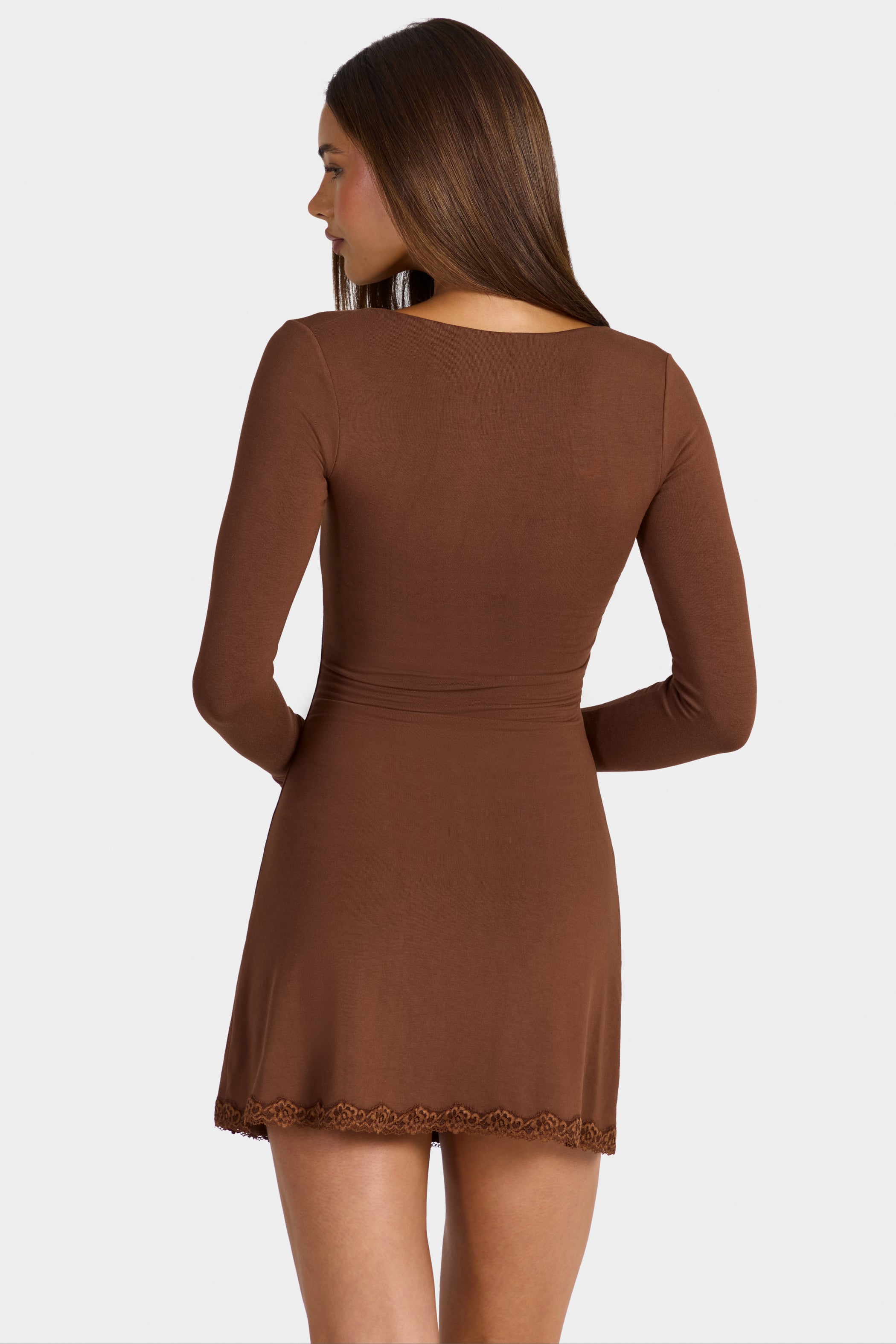 Modal Lace-Trim Long-Sleeve Mini Dress in Cocoa Brown