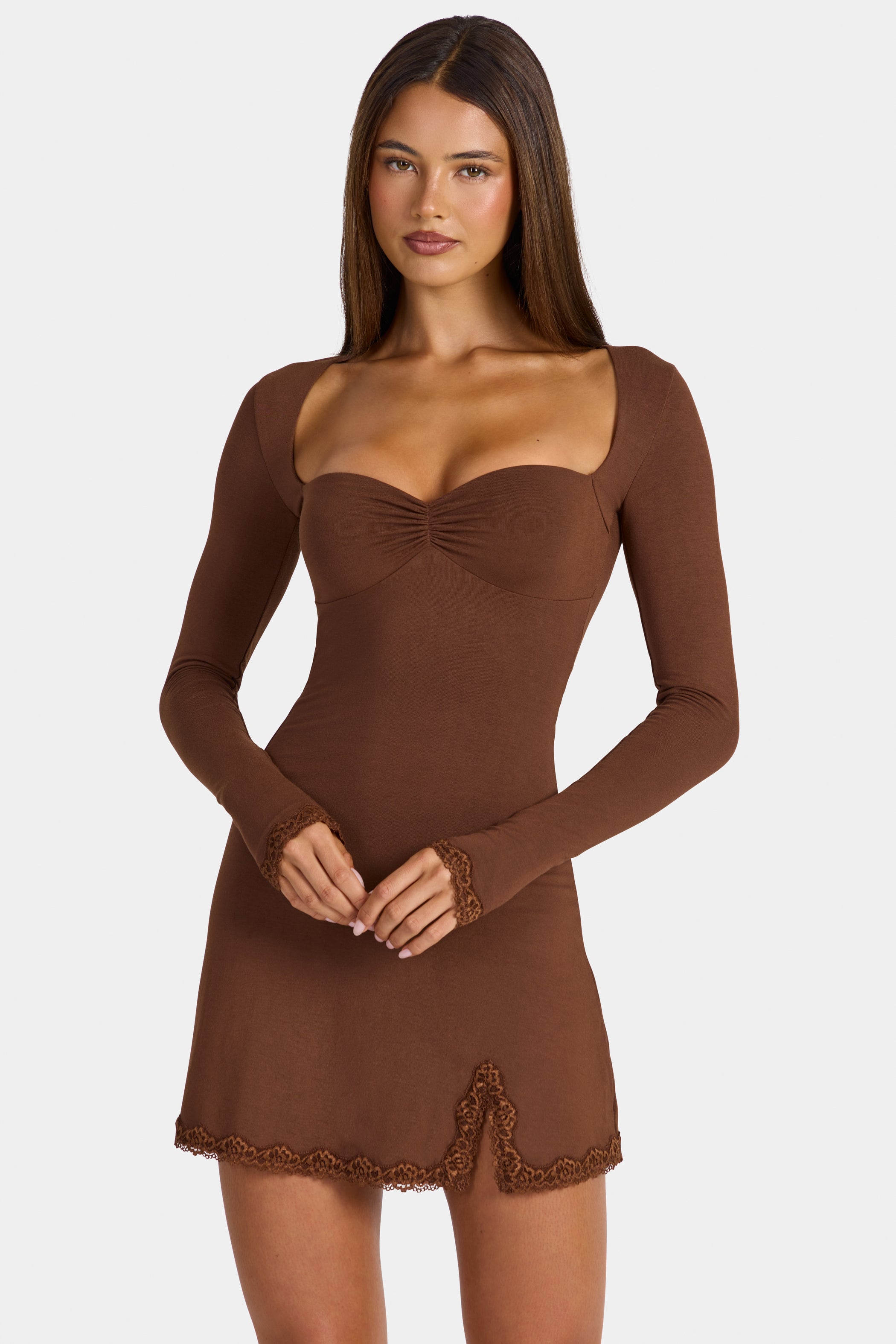 Modal Lace-Trim Long-Sleeve Mini Dress in Cocoa Brown