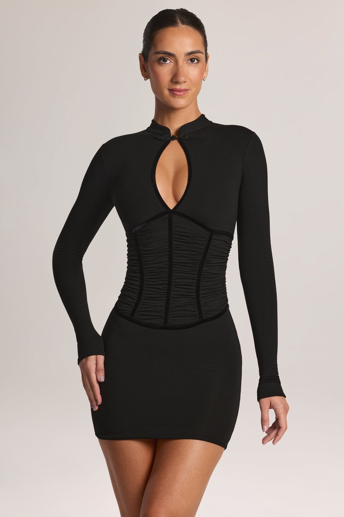 Modal Cut-Out Long-Sleeve Mini Dress in Black
