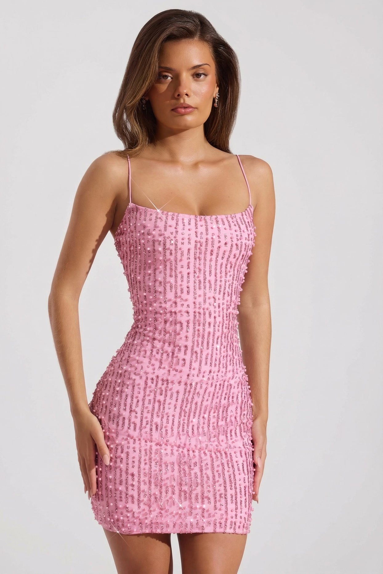 Embellished Scoop-Neck Bodycon Mini Dress in Pink - 6