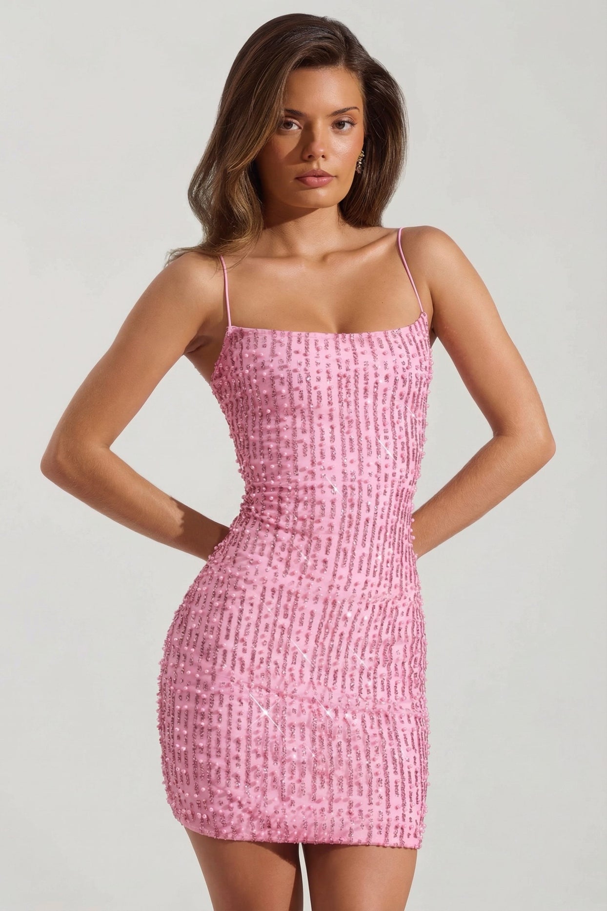 Embellished Scoop-Neck Bodycon Mini Dress in Pink - 7