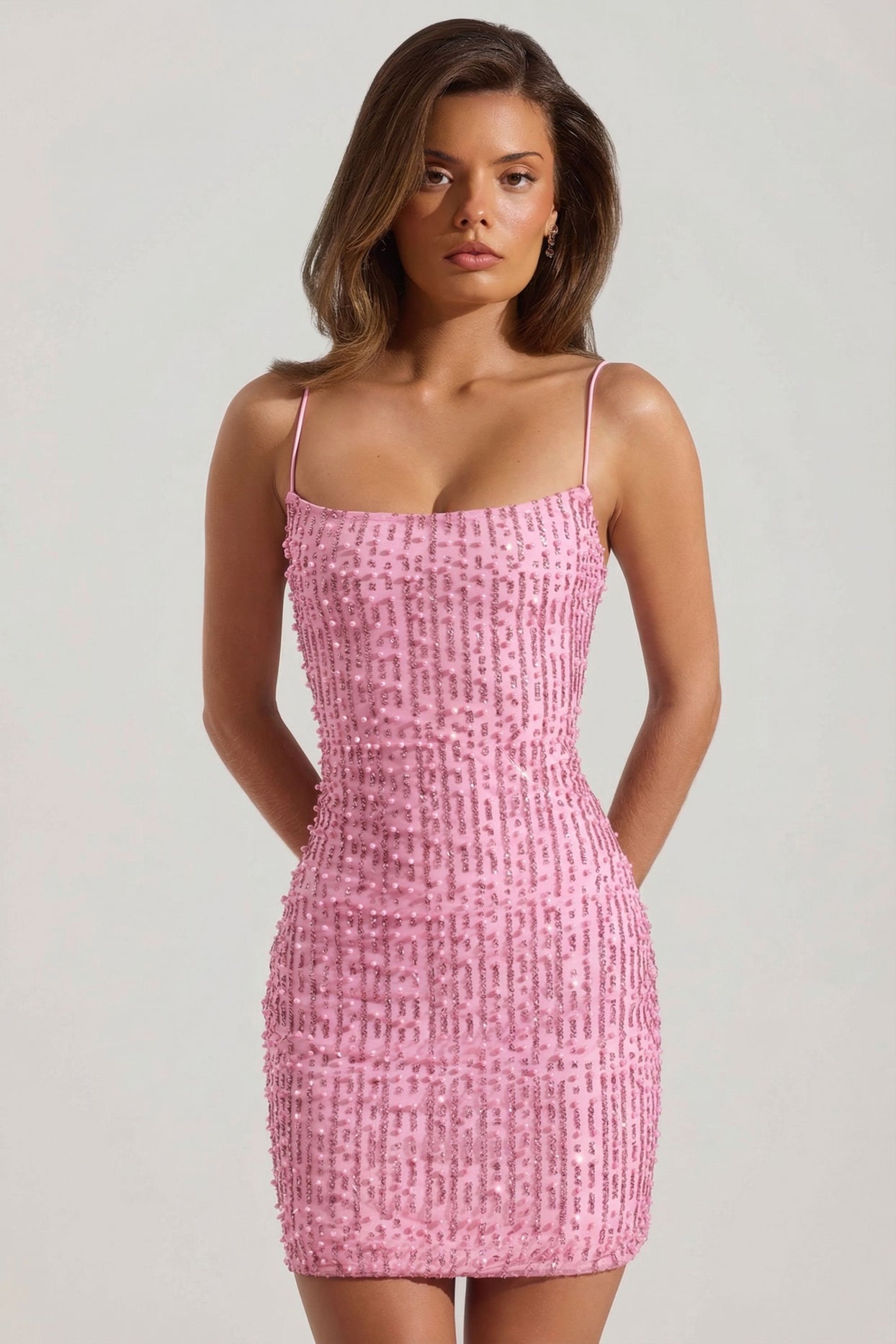 Embellished Scoop-Neck Bodycon Mini Dress in Pink - 1