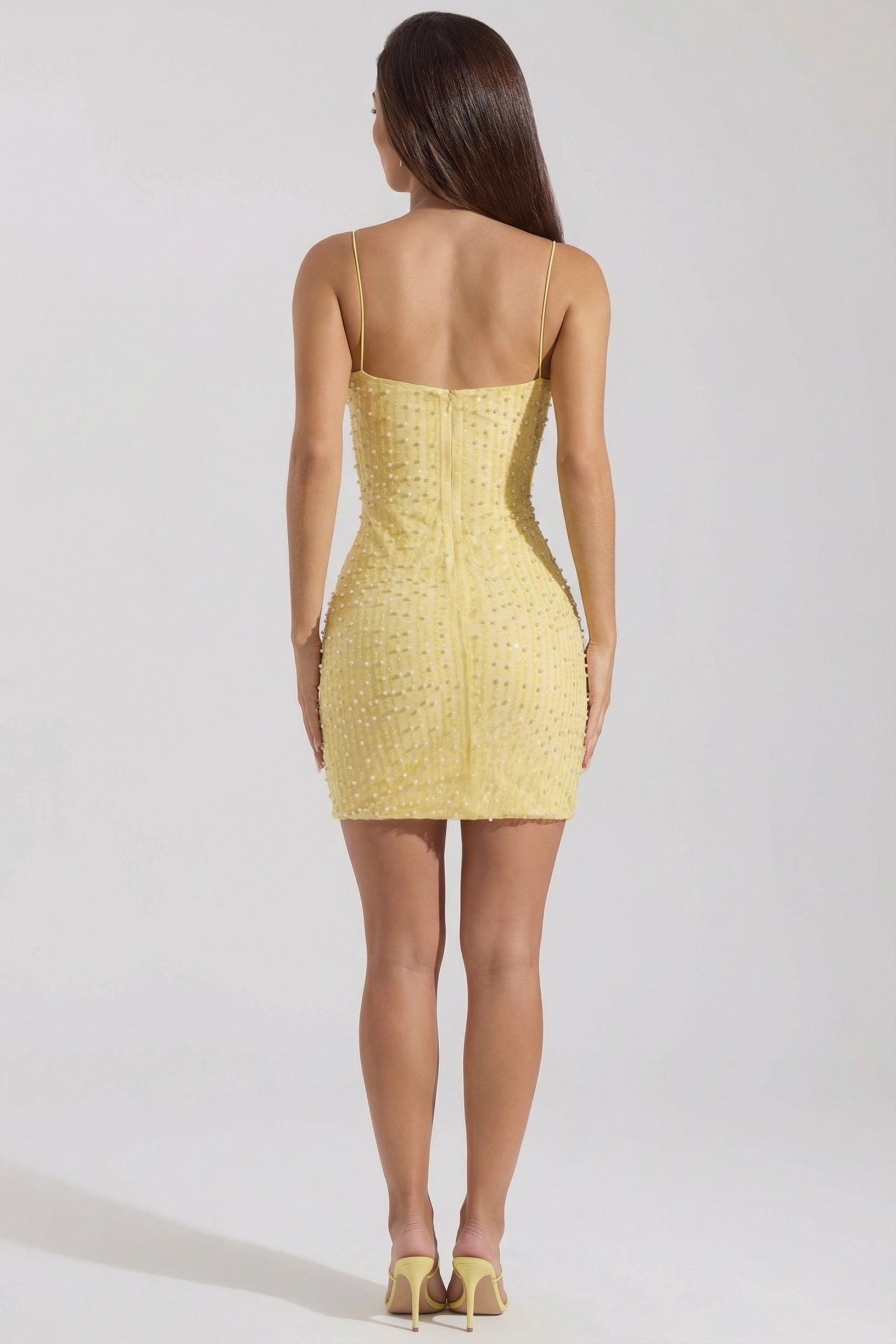 Embellished Scoop-Neck Bodycon Mini Dress in Yellow - 2