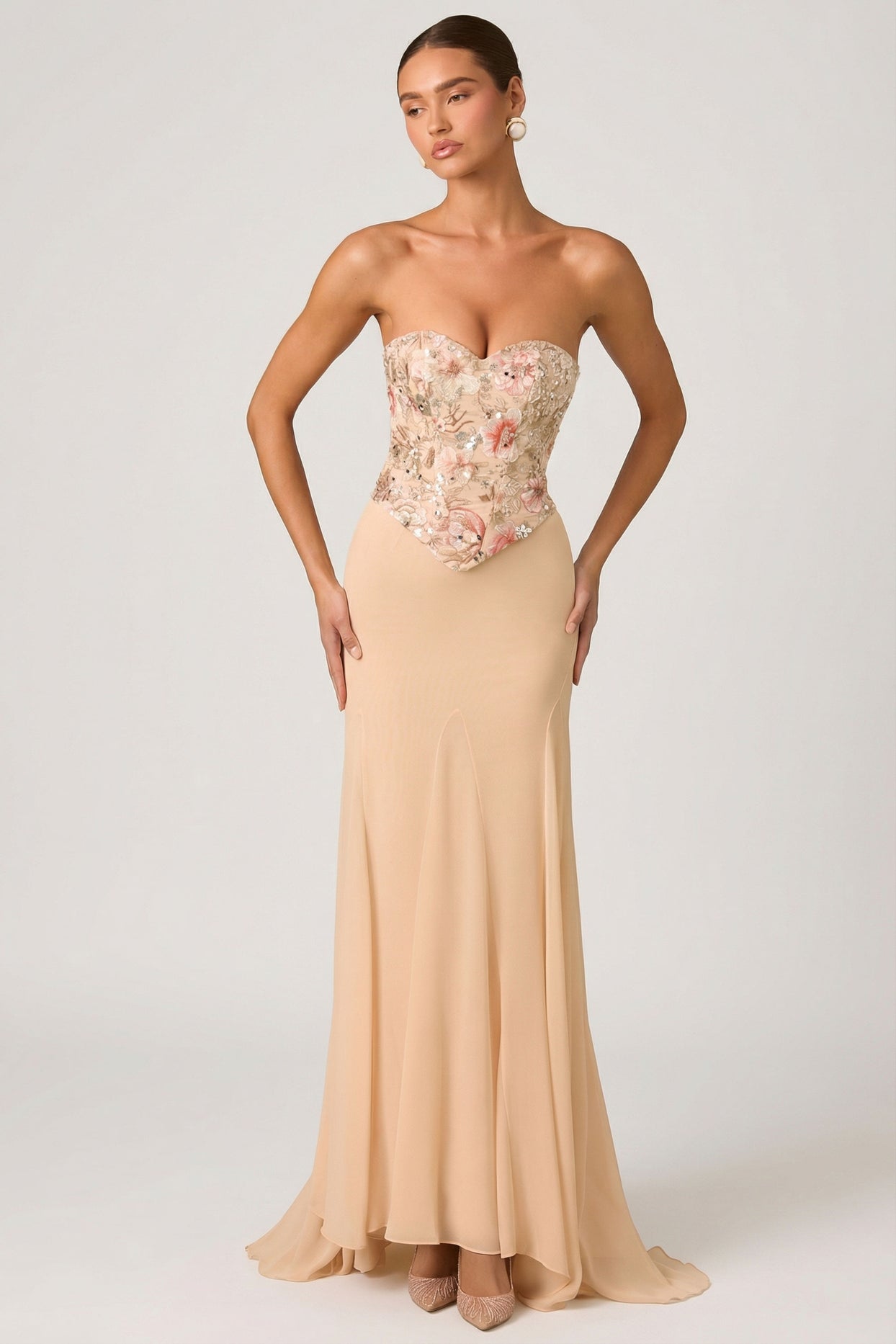 Embellished Corset Fishtail Gown in Floral Beige - 6