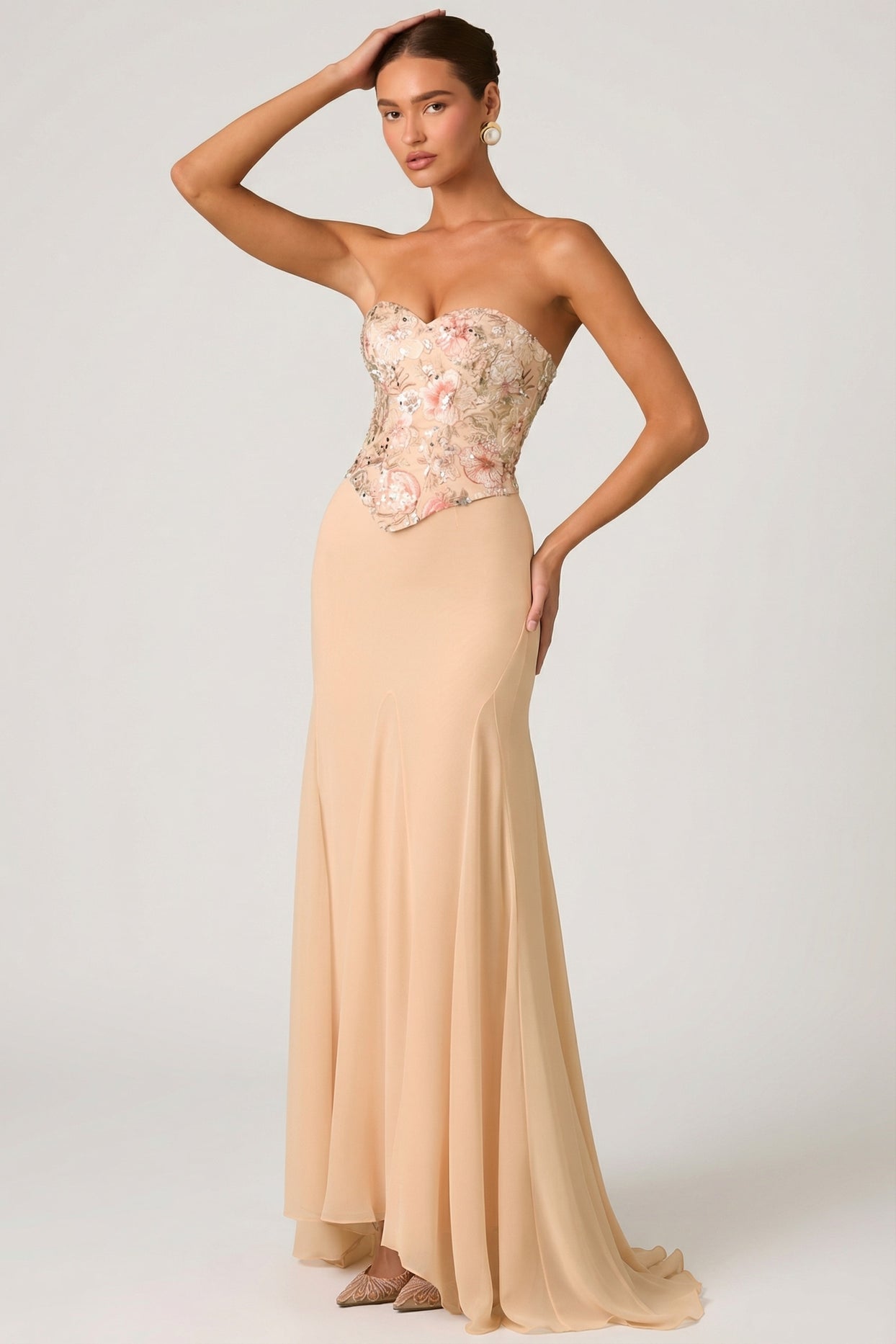 Embellished Corset Fishtail Gown in Floral Beige - 7