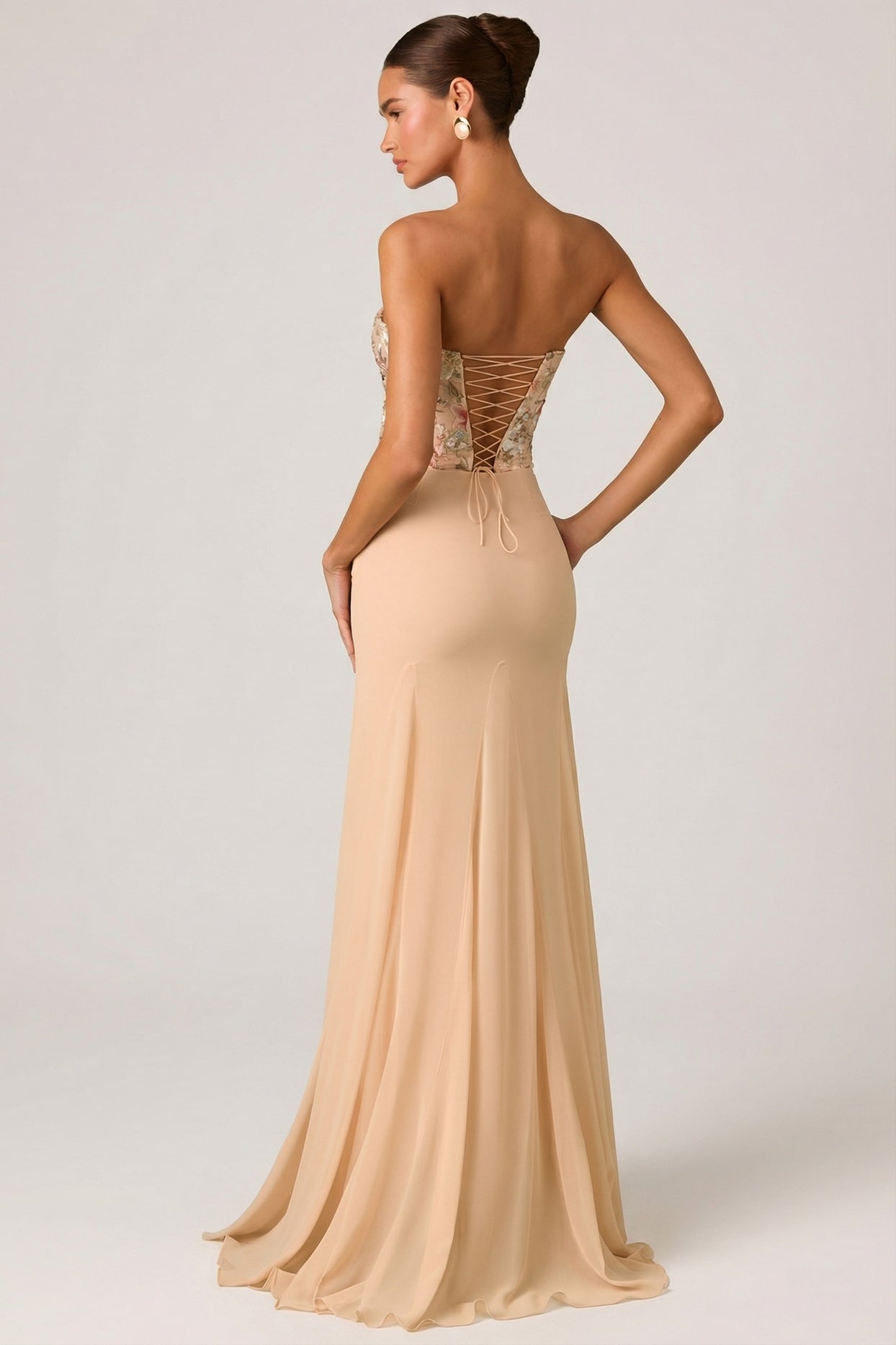 Embellished Corset Fishtail Gown in Floral Beige - 5
