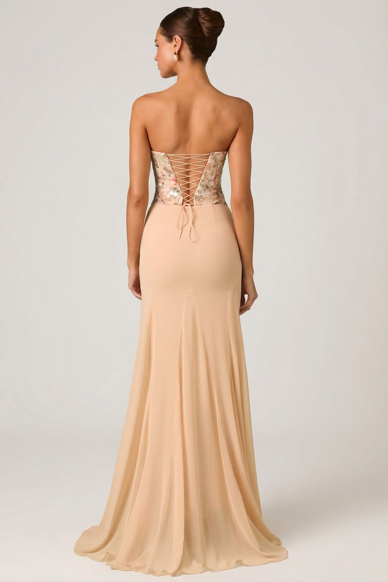 Embellished Corset Fishtail Gown in Floral Beige - 2