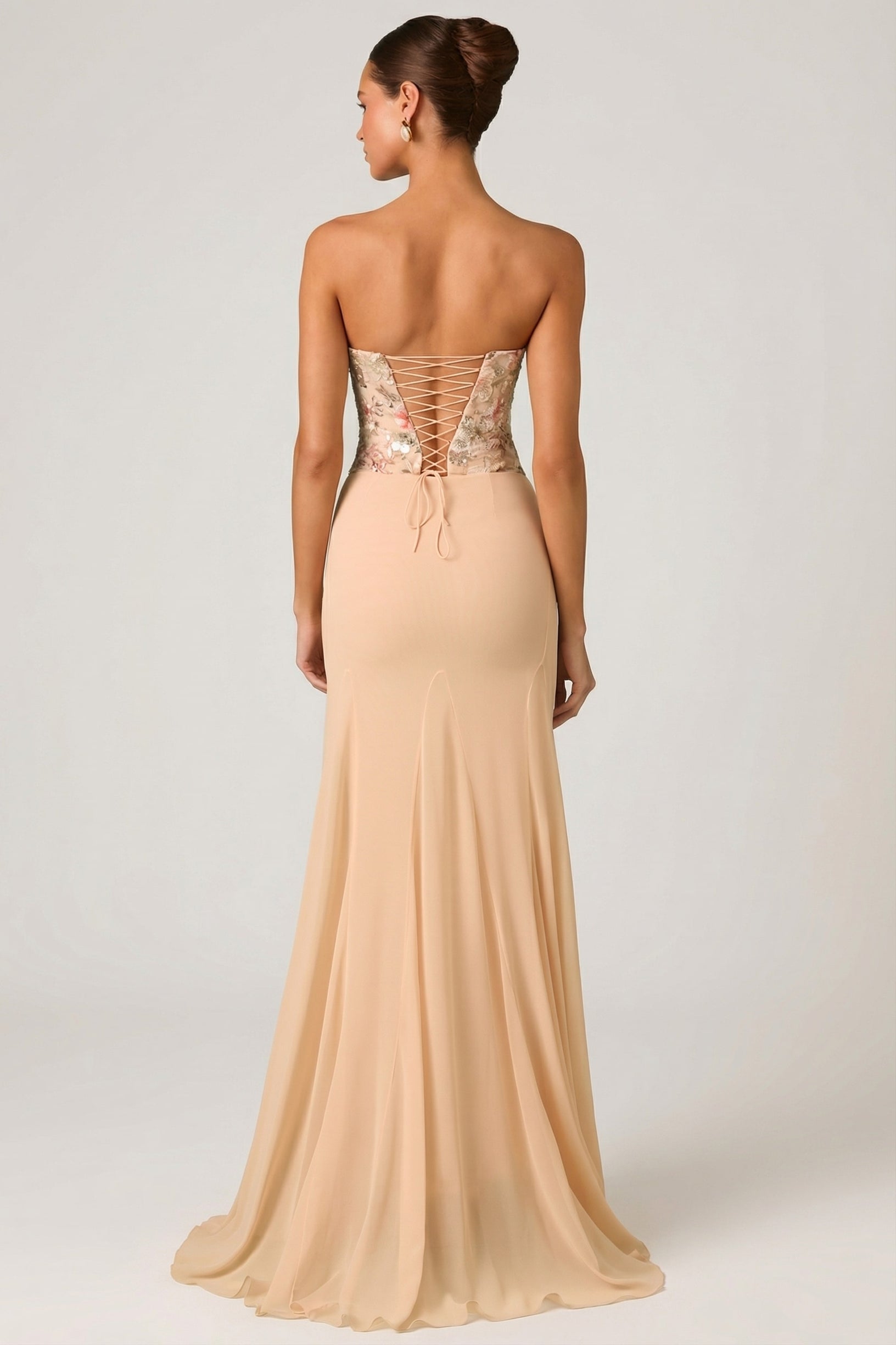 Embellished Corset Fishtail Gown in Floral Beige - 2
