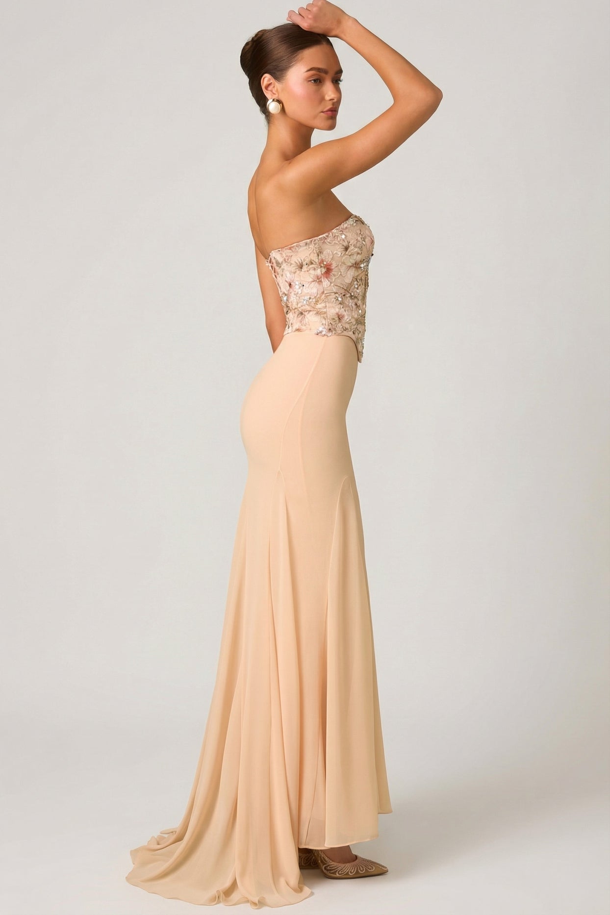 Embellished Corset Fishtail Gown in Floral Beige - 4