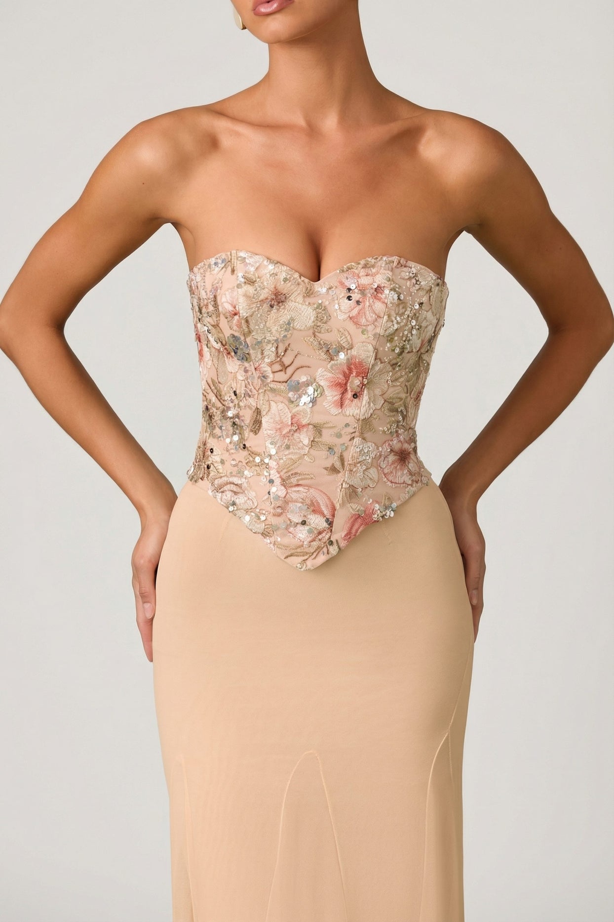Embellished Corset Fishtail Gown in Floral Beige - 3