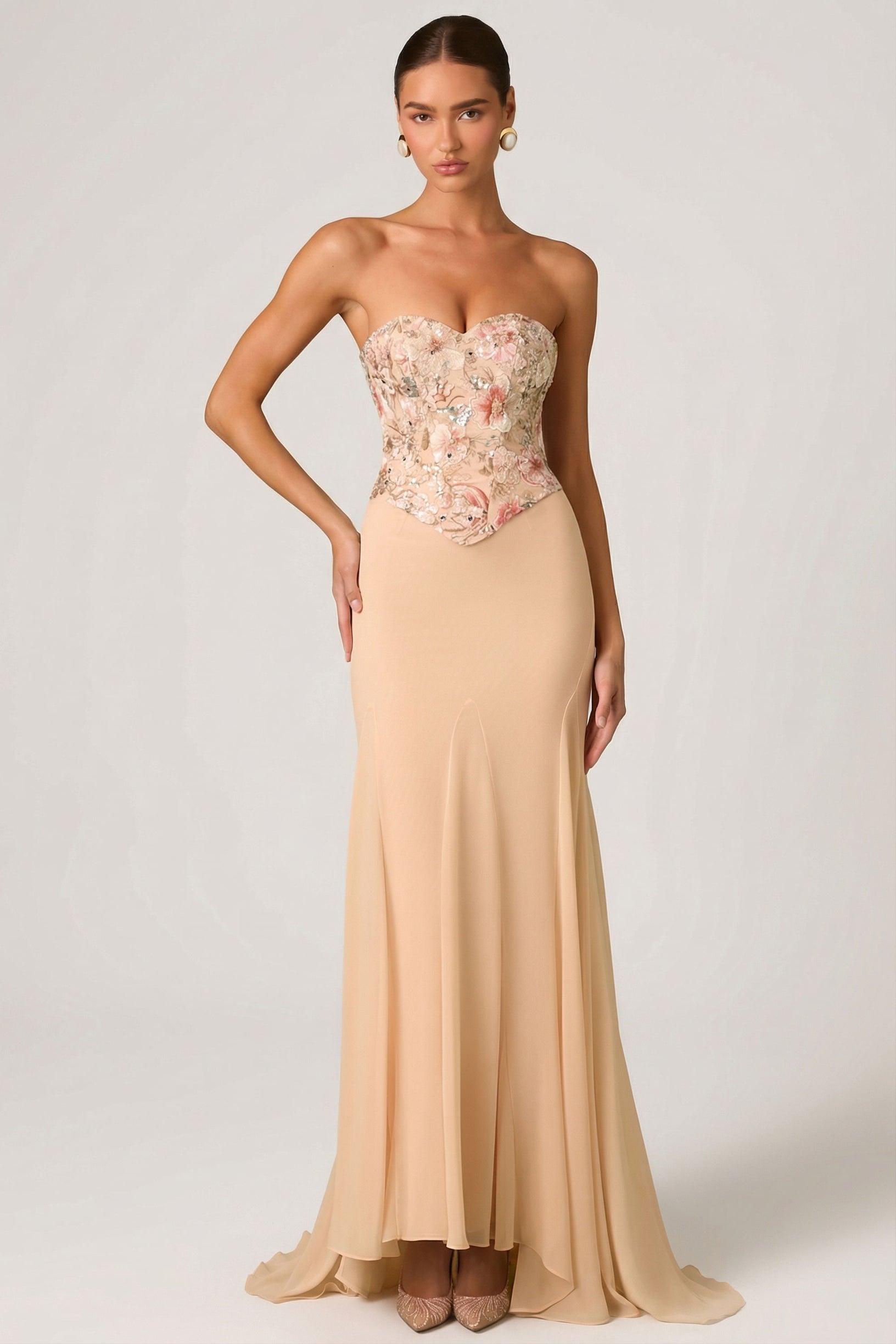 Embellished Corset Fishtail Gown in Floral Beige - 1