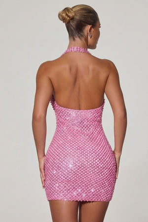 Embellished Heart-Detail Cowl-Neck Mini Dress in Pink