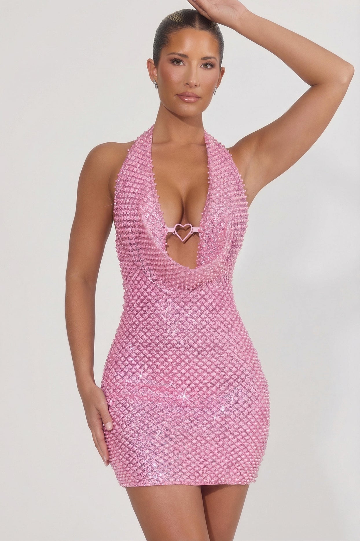 Embellished Heart-Detail Cowl-Neck Mini Dress in Pink - 7