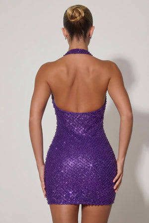 Embellished Heart-Detail Cowl-Neck Mini Dress in Purple