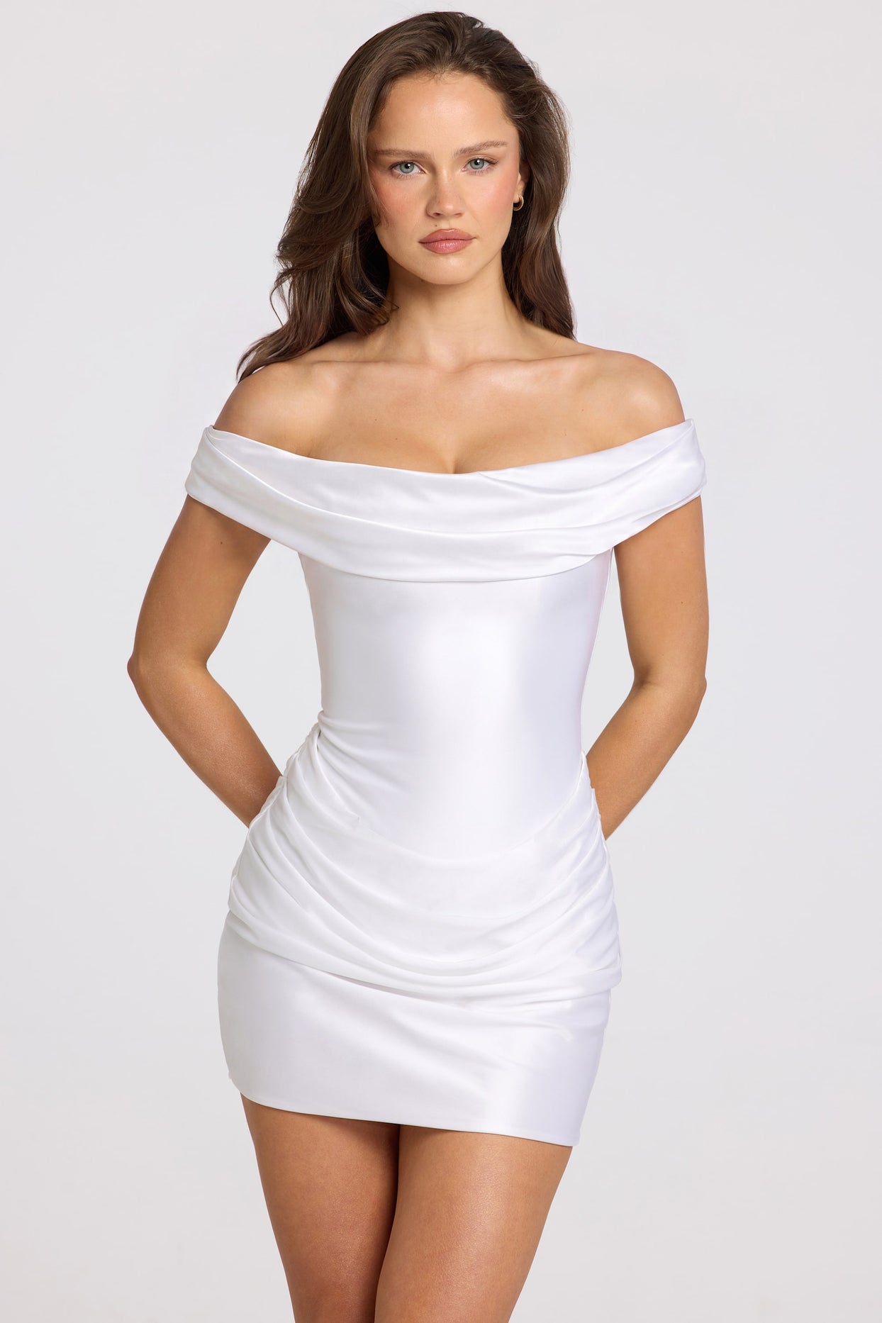 Satin Off-Shoulder Draped Mini Dress in White - 7