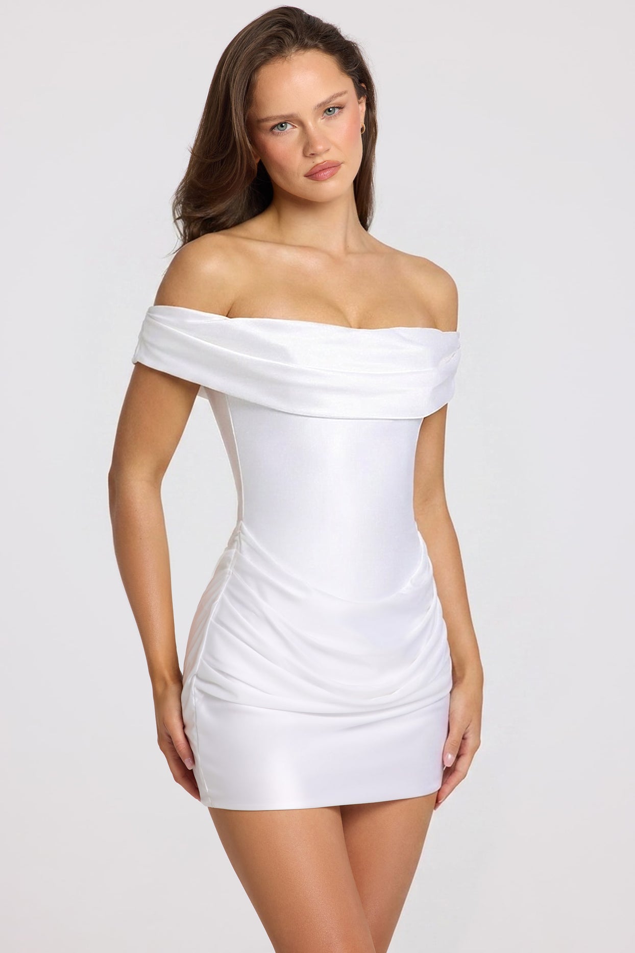 Satin Off-Shoulder Draped Mini Dress in White - 9