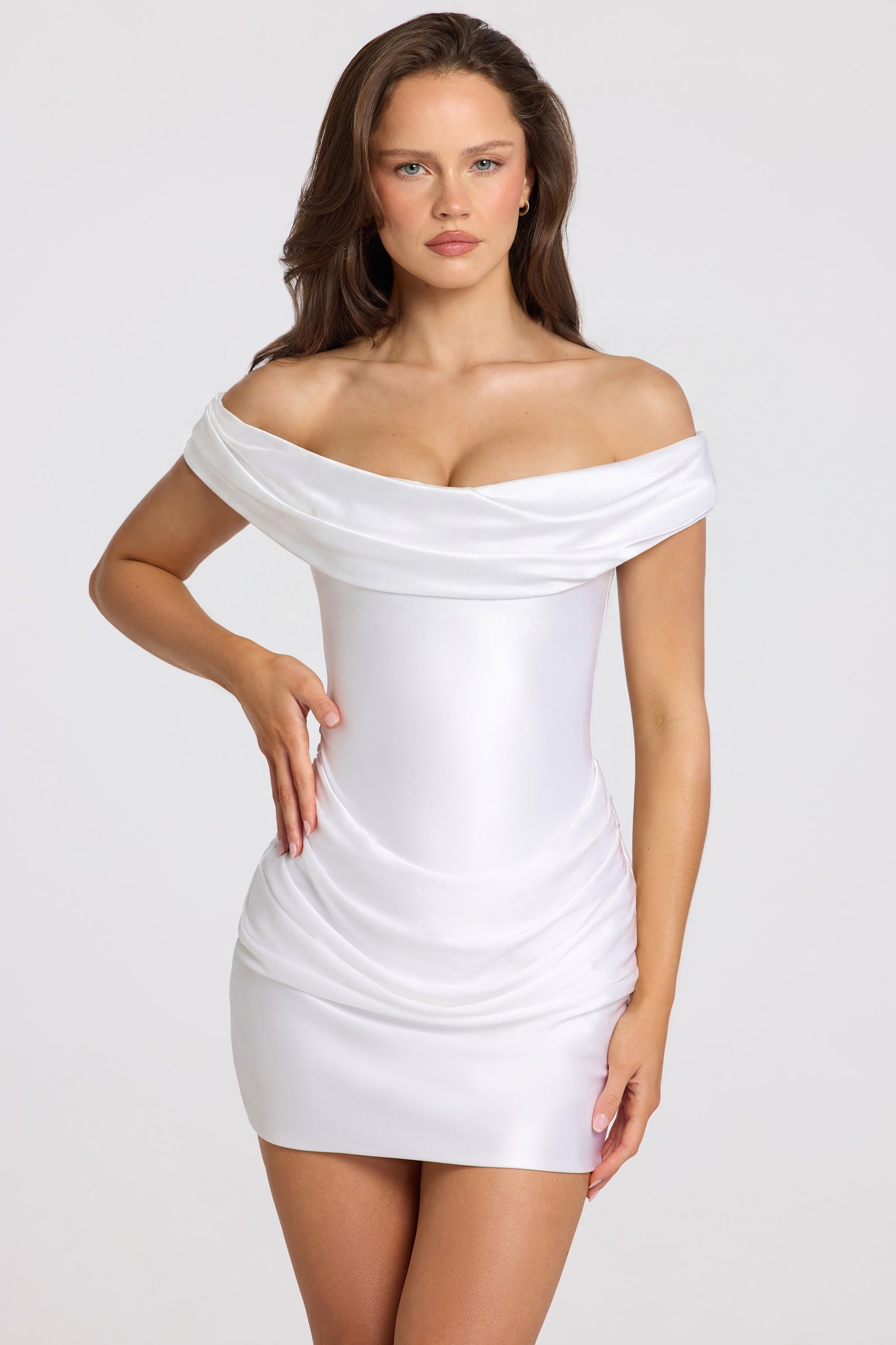 Satin Off-Shoulder Draped Mini Dress in White - 1