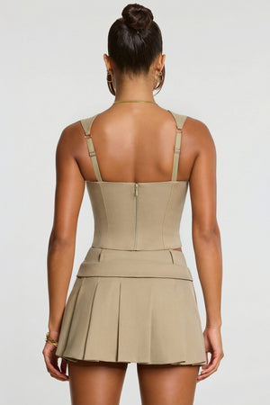 Oh Polly's Kiele wearing the Maize Mini Skirt in Taupe Wool fabric perfect for office chic looks