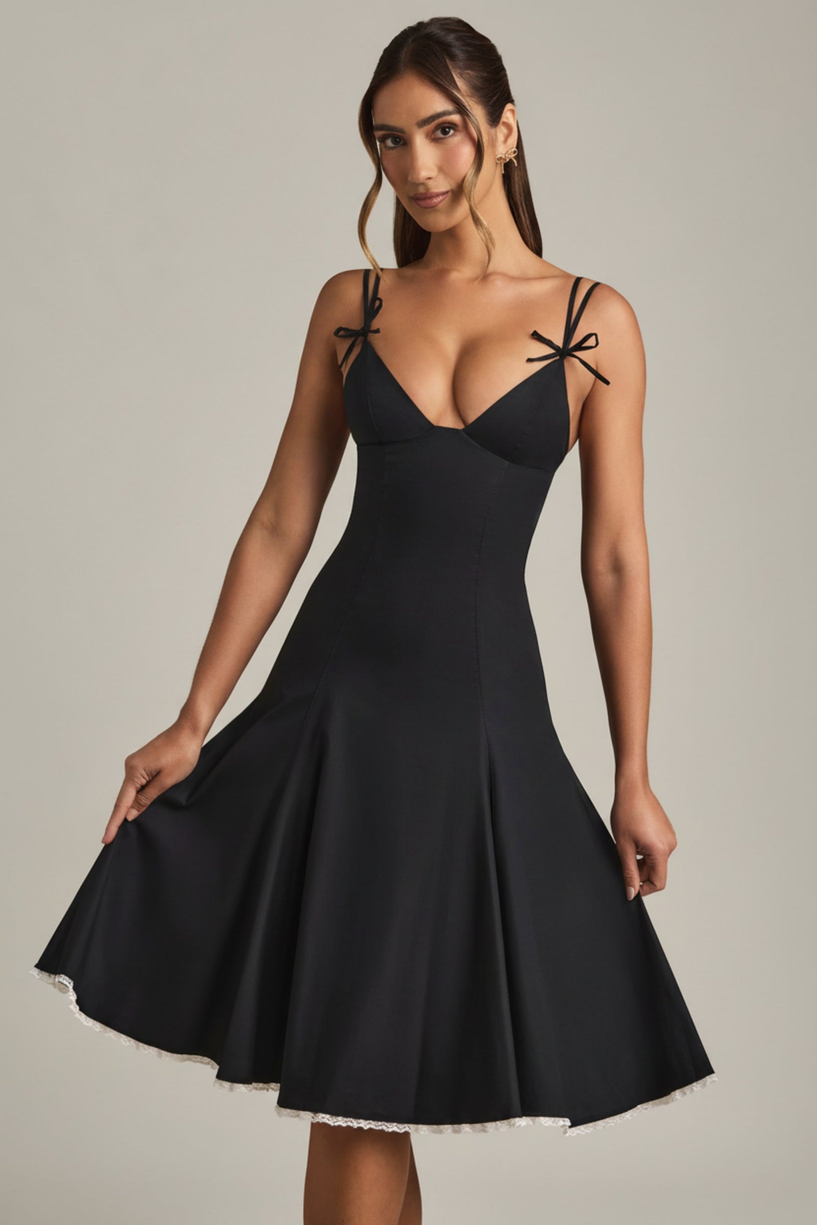 Bow-Detail A-Line Midi Dress in Black - 1