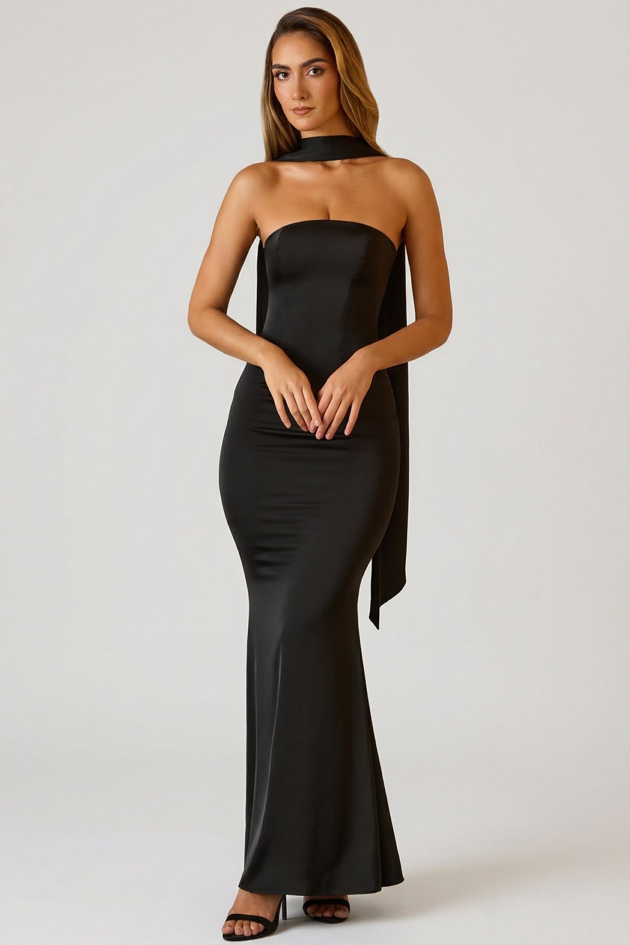 Scarf-Detail Strapless Gown in Black - 5
