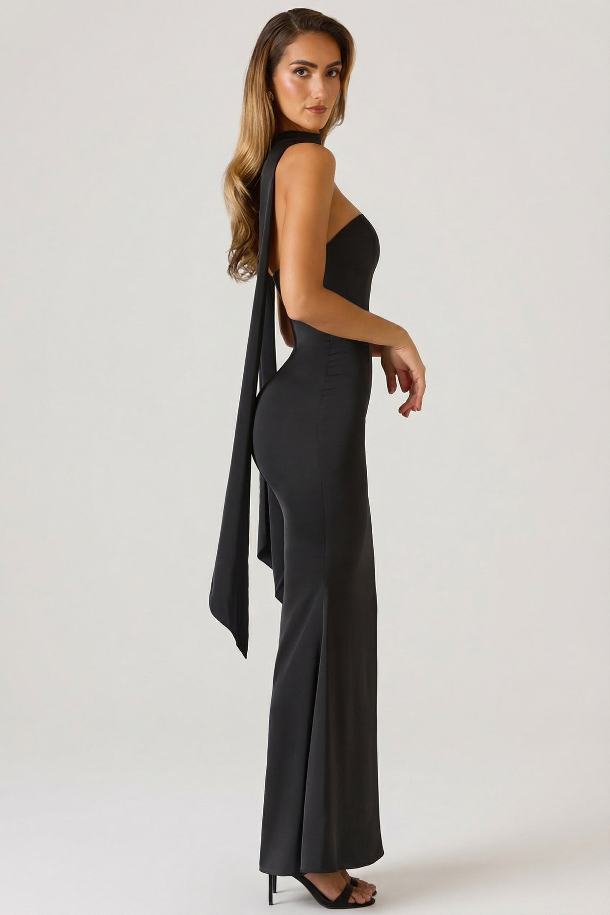 Scarf-Detail Strapless Gown in Black - 4