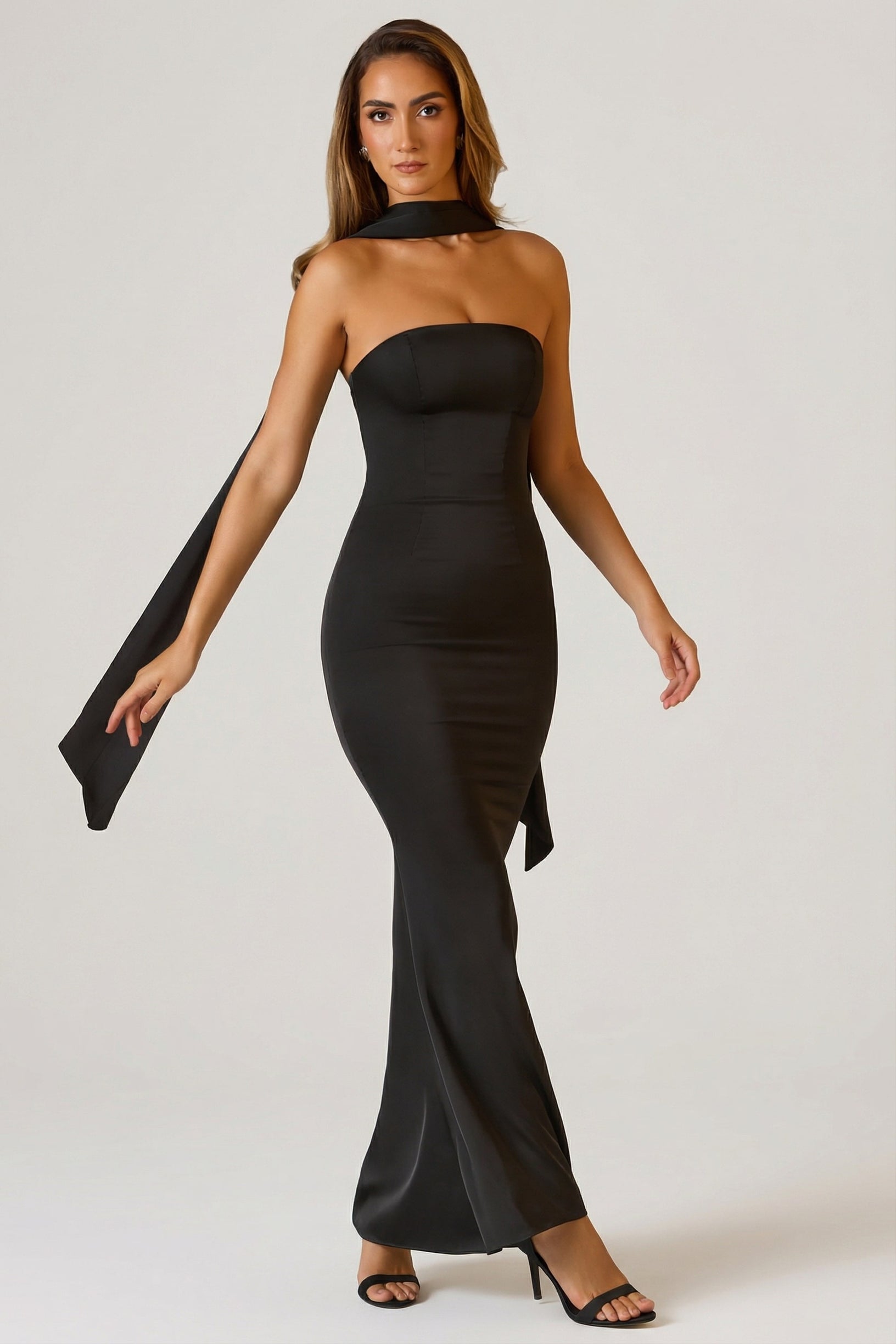 Scarf-Detail Strapless Gown in Black - 1