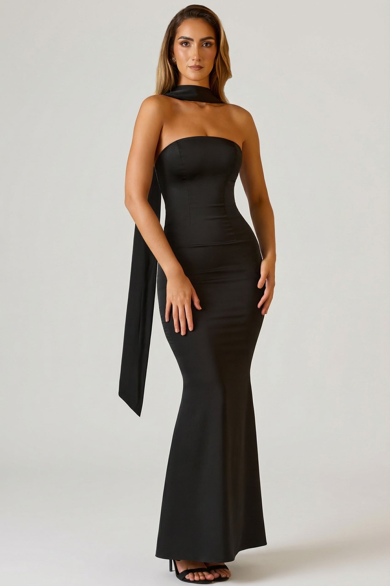 Scarf-Detail Strapless Gown in Black - 6