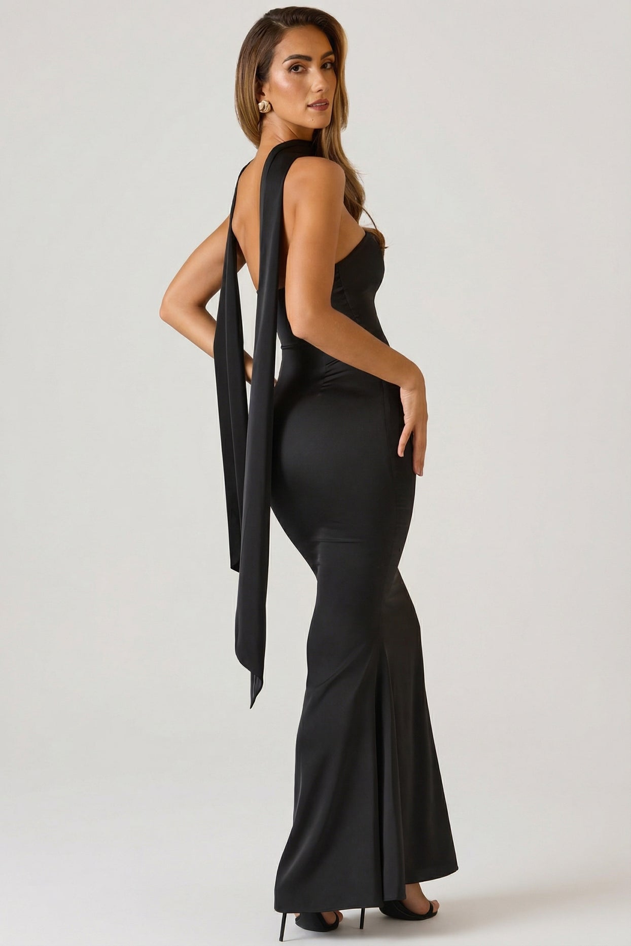 Scarf-Detail Strapless Gown in Black - 7